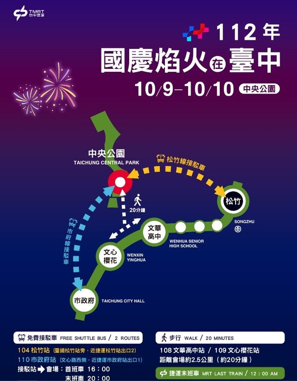 搭捷運看國慶焰火，快速又便利。圖／台中捷運提供
