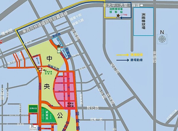 國慶焰火10日將於台中中央公園登場，台中警方6日提醒，利用國道1、3號駕車前來之民眾，請銜接台74線至崇德路匝道下並進入洲際棒球場周邊停放，並搭乘接駁車進會場。圖／中市警五分局提供
