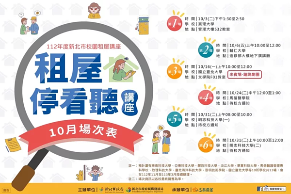 城鄉局今年度預計辦理20場校園租屋講座,10月份預計辦理6場次包括台北大學10月16日、馬偕醫學院10月24日等。圖/新北市城鄉局提供