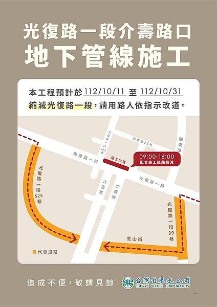 竹市光復路一段與介壽路口10／11起水公司施工。圖／新竹市政府提供