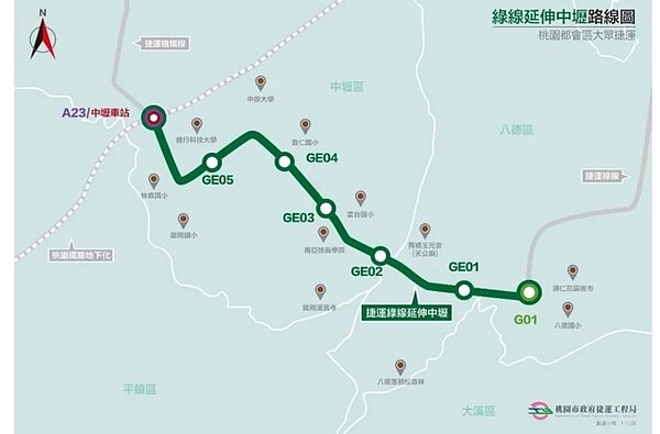 桃園捷運綠線延伸中壢計畫路線圖,全長7.2公里設置5個站。圖/捷運工程局提供