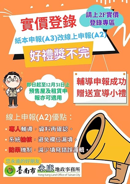 台南市地政局鼓勵實價登錄改以數化線上申報方式，以避免誤植受裁罰。圖／台南市地政局提供
