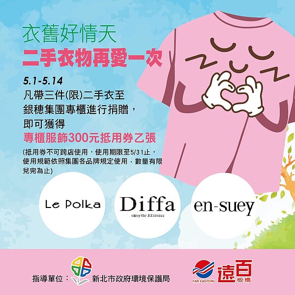 新北環保局攜手遠東百貨辦「衣舊好情天」活動,5月1日至14日回收舊衣可享好康。圖/環境保護局提供