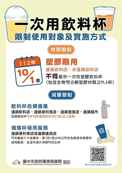 今年10月1日起一次用飲料杯限制使用對象及實施方式。圖/台中市府提供