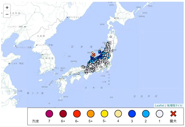 昨日下午發生規模6.5的強震後，日本北陸的石川縣能登地區晚間再發生規模5.8地震。圖／取自日本氣象廳