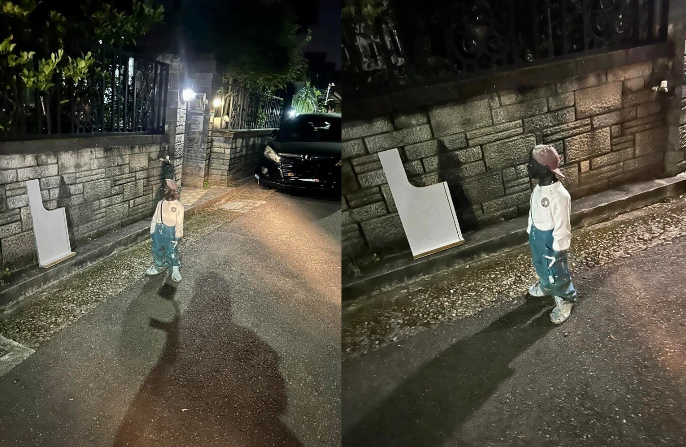 出動「小孩」霸佔車位?嚇到騎士險摔 網細看也頭皮發麻:會閃尿 有民眾將男童雕像放置路邊,嚇壞一票人。圖/截自臉書社團「林口大家庭LinKou-Family」