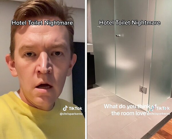 克里斯因為看見廁所牆壁跟門是透明的感到十分吃驚。圖/擷自TikTok