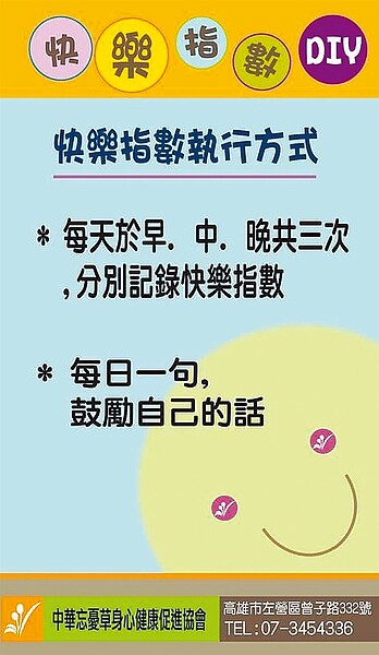 高雄醫師公會常務理事、耕心療癒診所林耕新醫師呼籲民眾做好情緒管理，可透過「快樂指數量表」（圖）自行評估身心狀況。（林耕新提供／林瑞益高雄傳真）