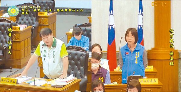 台東某國小3名學童上課不專心,竟遭教師以繩子綁雙手懲處,台東縣議員林參天(左)昨天為此質詢台東縣政府教育處長蔡美瑤(右)。(摘自台東縣議會YouTube/蔡旻妤台東傳真)