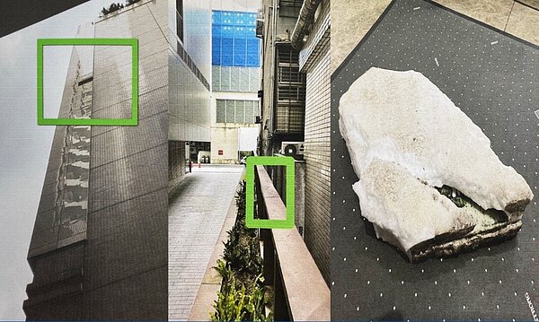 北市南京東路2段捷運共構宅「新東京宅」有外牆剝落問題，興富發公司允協助。圖／市議員陳炳甫服務處提供