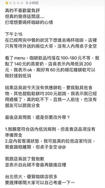 客人在留言評論時寫道消費過程。圖／摘自網路

