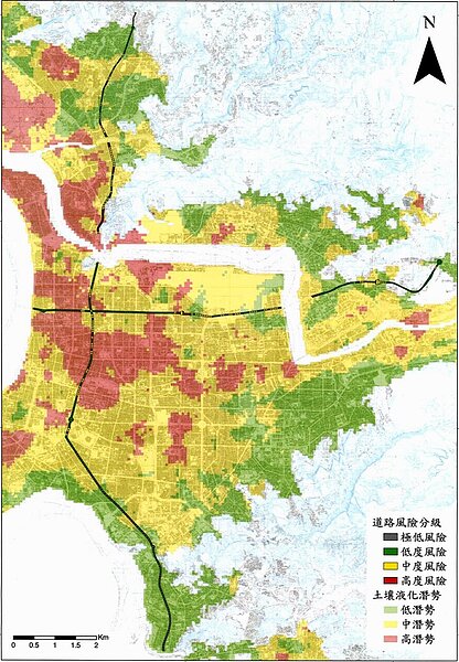 北市土壤液化潛勢地圖,士林區、中山區與內湖區等處,都可看見土壤液化高風險區。圖/北市議員林延鳳提供