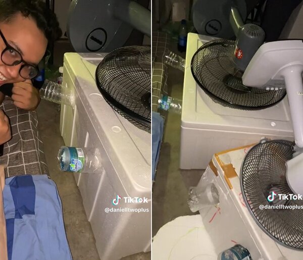 男大生因為在宿舍實在太熱，突發奇想的自製「冷氣機」，實測真的能涼爽2-3小時。圖／Tiktok
