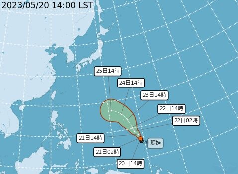 今（2023）年編號第二號輕度颱風「瑪娃」（MAWAR）20日下午2點生成。圖／中央氣象局