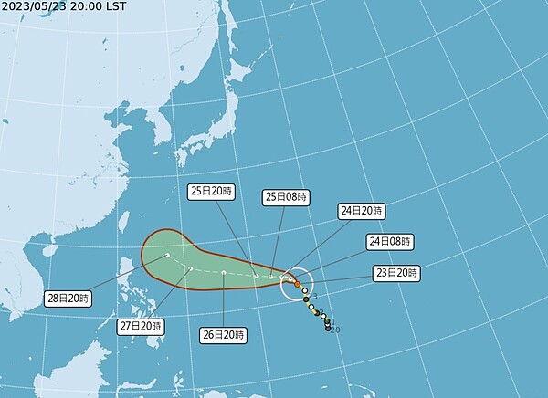 颱風瑪娃今（23）日晚間8時已成為強颱。圖／氣象局提供