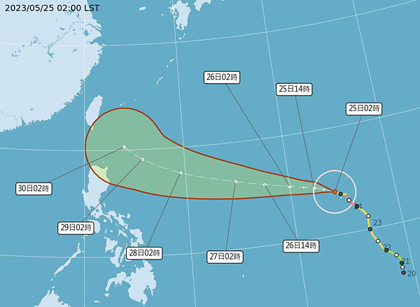 中度颱風瑪娃中心位置在關島西北方90公里海面上（鵝鑾鼻東南東方2650公里海面上），以每小時19公里速度，向西北西進行。圖／取自氣象局網站