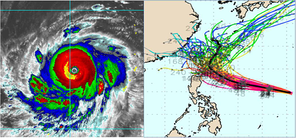強颱瑪娃（左圖，取自RAMMB）的颱風眼清晰，眼牆結構扎實。歐洲25日20時10天系集模式模擬圖（右圖，取自weathernerds）顯示，瑪娃的系集平均路徑（粗黑線），大約在4天後接近巴士海峽，逐漸向北北東迴轉；50條各別系集路徑（細線）則分散在粗黑線的兩側，顯示科技極限的不確定性。圖／取自「三立準氣象．老大洩天機」專欄