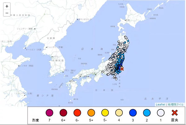 日本26日下午約7點3分（約台灣時間傍晚6點3分），發生芮氏規模6點2強震，震源位置在千葉縣以東外海，震源深度僅50公里、屬於「淺層地震」。圖／取自日本氣象廳