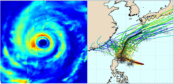 吳德榮說,微波頻道雲圖(左圖,圖取自CIMSS)顯示,瑪娃已轉變為大眼颱。歐洲(ECMWF)10天系集模式模擬圖(右圖,圖取自weathernerds)顯示,瑪娃的系集平均路徑(粗黑線),明天逐漸接近巴士海峽,將減速並逐漸迴轉;各別系集路徑(細線)則分散在粗黑線的東、西兩側。圖/取自「三立準氣象.老大洩天機」專欄