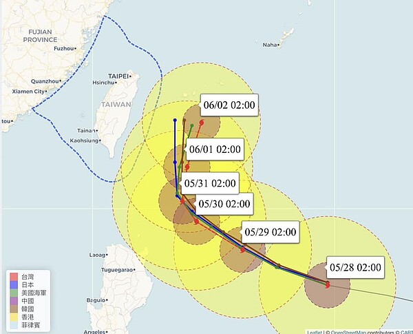 強颱瑪娃今天凌晨2時的中心位置在馬尼拉東北東方980公里海面上（鵝鑾鼻東南東方1100公里海面上），以每小時19公里速度，向西北西進行。圖／取自「氣象達人彭啟明」臉書粉專