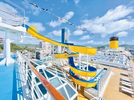 歌詩達莎倫娜號設有滑水道及露天浴池設施。(何書青攝)