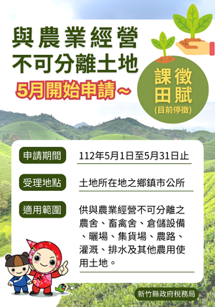 繼承土地免稅沒了! 原來少做「這件事」 與農業經營不可分離土地移轉後,仍需重新申請才能課徵田賦。圖/新竹縣稅務局提供