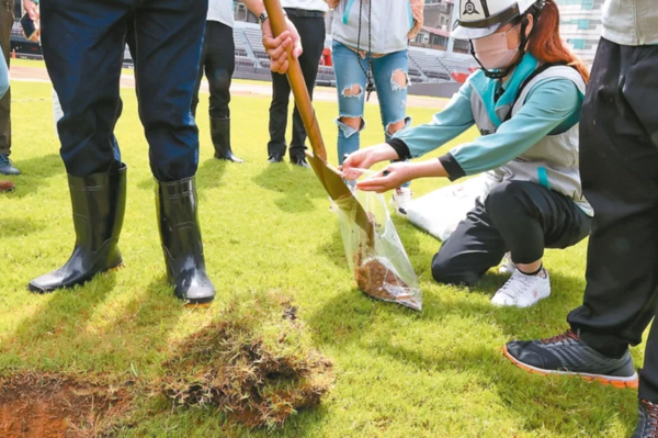 新竹市立棒球場場地受全國矚目，新竹市長高虹安昨宣布開挖，再度挖出約6公分大的石塊，將連同土壤檢體送往美國實驗室檢驗。圖／竹市府提供