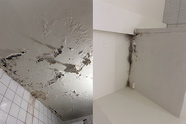 桃園多處市民活動中心老舊,耐震度不足,甚至沒有使用執照,多位民代要求市府「大體檢」並增編修繕預算。圖為八德區茄白市民活動中心壁癌叢生。圖/議員許家睿提供