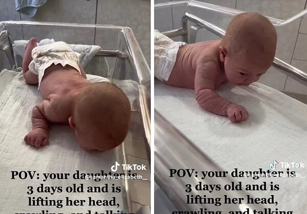 小妮拉才出生3天就抬著頭,掙扎著想往前爬行,讓媽媽超級驚訝。圖/擷自TikTok