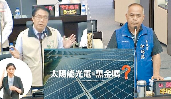 台南市議員邱昭勝(右)市政總質詢時,問市長黃偉哲(左)為何太陽能光電在台南是黑金,在其他縣市就不是?(摘自台南市議會議事影音/洪榮志台南傳真)