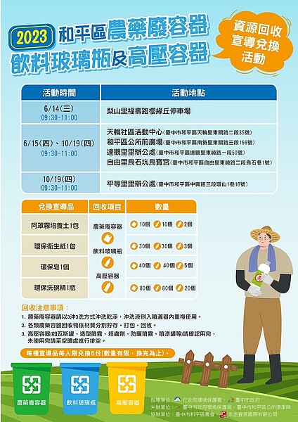 農藥廢容器、飲料玻璃瓶及高壓容器資源回收宣導兌換活動。圖/中市府提供