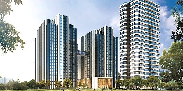 台塑敦北總部都更大樓外觀3D模擬,可看到三棟大樓關係,一棟是住宅。圖/台塑企業提供