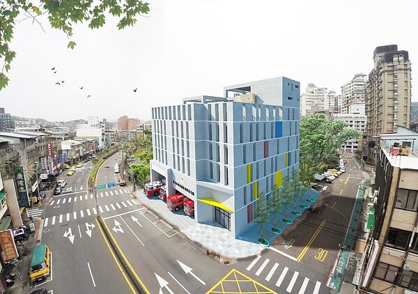 「消防局興隆分隊新建工程」基地面積為1,047平方公尺,興建總樓地板面積為4680.6平方公尺,為地下2層、地上6層的鋼筋混凝土建築物,建築物外觀透過比例、重複、跳色鋁格柵設計,結合外方內圓的設計構想及色彩計畫呈現出動態立面設計效果。圖/台北市政府提供