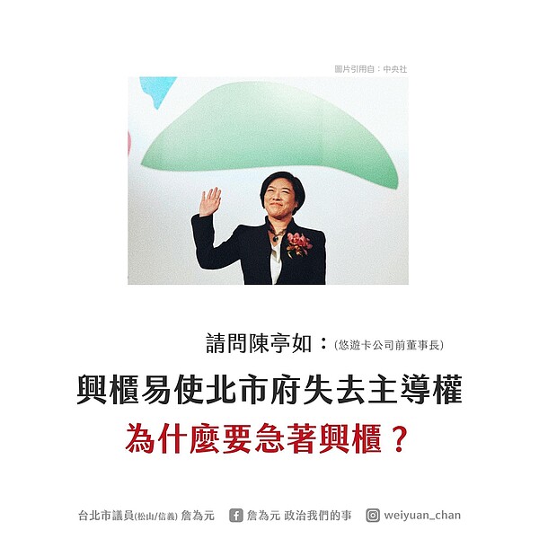 北市議員詹為元8問悠遊卡前董事長陳亭如為何要讓悠遊卡公司興櫃。圖／翻攝北市議員詹為元Facebook