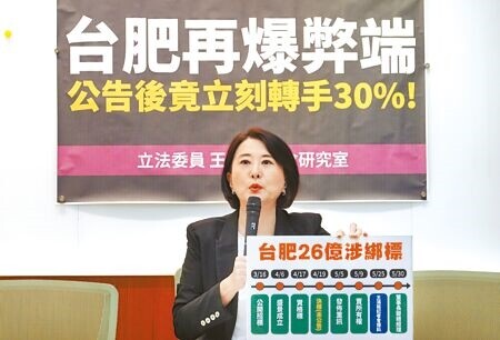 立委王鴻薇15日舉行「台肥再爆弊端，公告後竟立刻轉手30％」記者會，指出台肥新竹D7土地標售案涉嫌內線交易，台肥還有綁標之嫌。（姚志平攝）