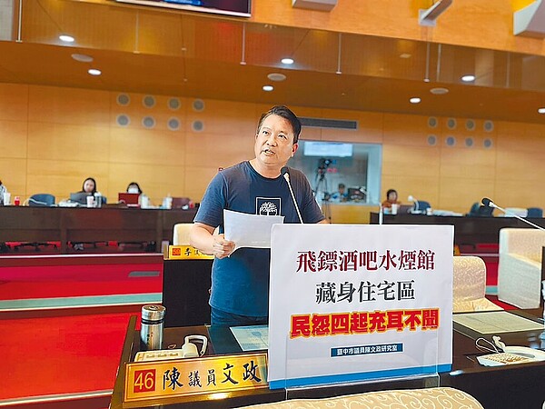 台中市議員陳文政表示,新興娛樂產業常以餐飲業身分隱身在住宅區,妨害民眾安寧,呼籲市府修法管理。圖/陳文政提供