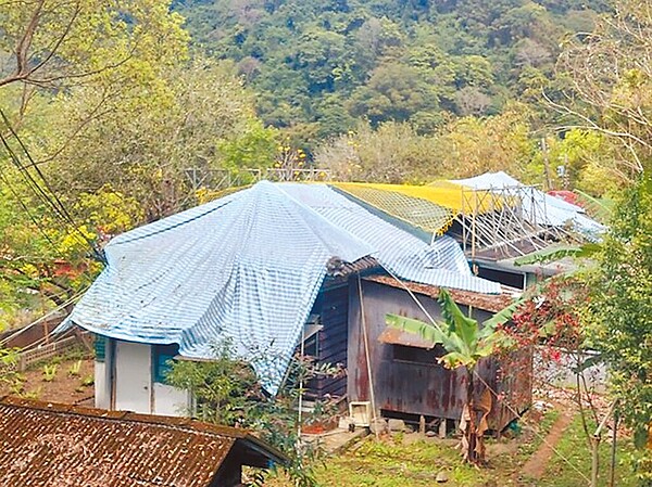 舊內灣派出所去年屋頂崩塌垮掉後，新竹縣文化局立即封閉現場並啟動緊急應變程序，蓋上帆布。圖／竹縣文化局提供