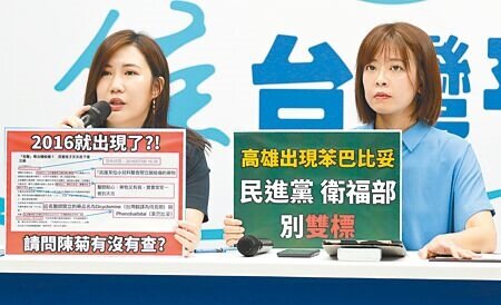 侯友宜競選工作室發言人江怡臻(右)、柳采葳昨揭露,高雄市不只被查出有4間診所不當使用苯巴比妥,2016年陳菊執政時,就被爆出有醫生長年使用苯巴比妥治療嬰兒腸絞痛。(陳慰慈攝)