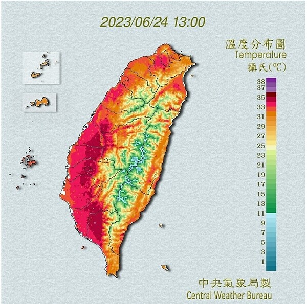 氣象局預估今（24）日高溫資訊。圖／擷取自中央氣象局