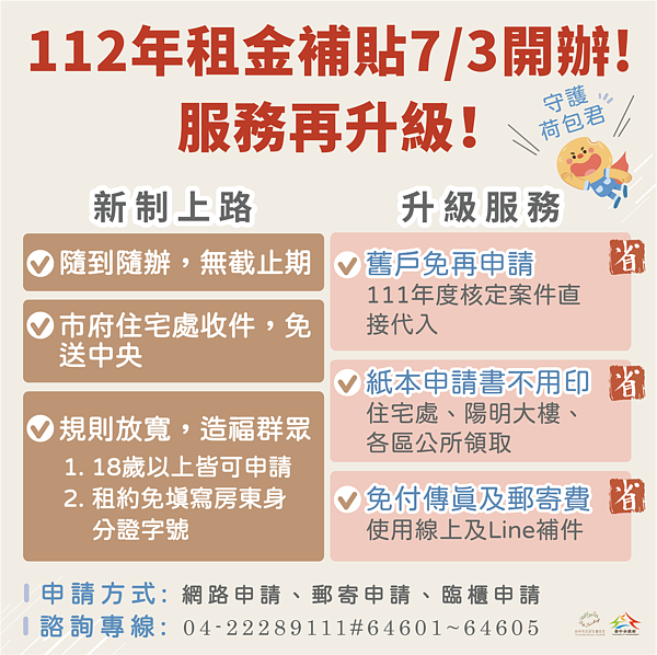 300億元中央擴大租金補貼7月3日開辦,中市住宅補貼服務再升級。圖/台中市都發局提供