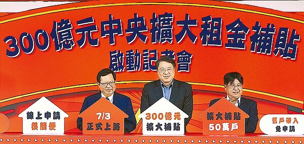 行政院副院長鄭文燦(左)出席「112-113年度300億元中央擴大租金補貼專案計畫」啟動記者會,與內政部長林右昌(中)、營建署長吳欣修(右)等人一同宣布租金補貼7月3日可申請。(黃世麒攝)