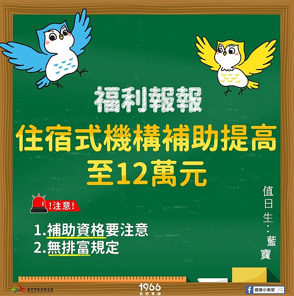 112年住宿機構補助提高至12萬。圖/台中市衛生局提供