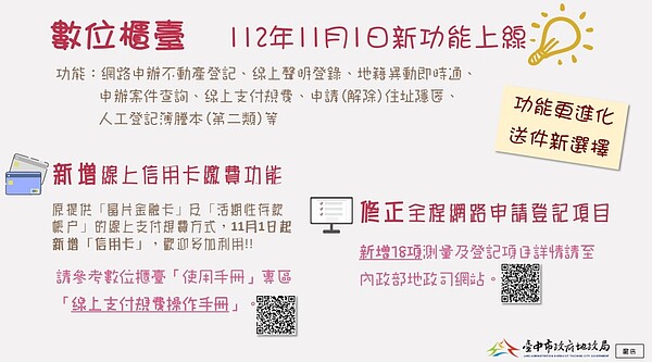 地政服務推「數位櫃台」 這縣市可網路申辦土地登記 新增信用卡繳費及全程申辦項目。圖/台中市政府地政局提供