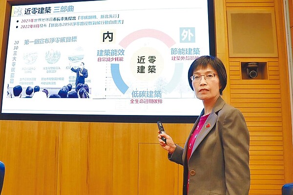 新北市工務局長祝惠美20日以「宜居安居」為題，在市政會議專案報告並指出，新北以建築物三個面向朝2030年減碳30％及2050年淨零碳排目標邁進。圖／新北市工務局提供