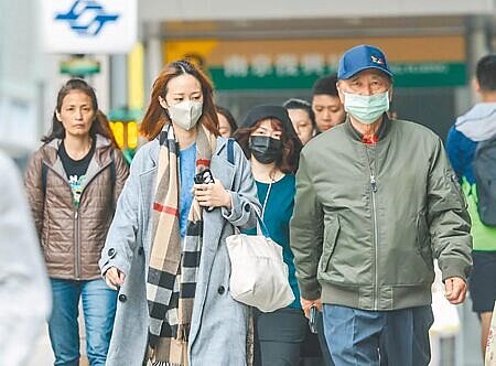 尖峰時間的台北街頭,上班族大衣外套上身,以抵禦刺骨寒風。(粘耿豪攝)