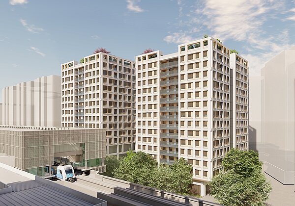 「三峽站出入口1捷運開發案」將打造建2棟地上14層、地下2層捷運共構大樓,住宅規劃266戶、2至3房產品。圖/仲量聯行提供