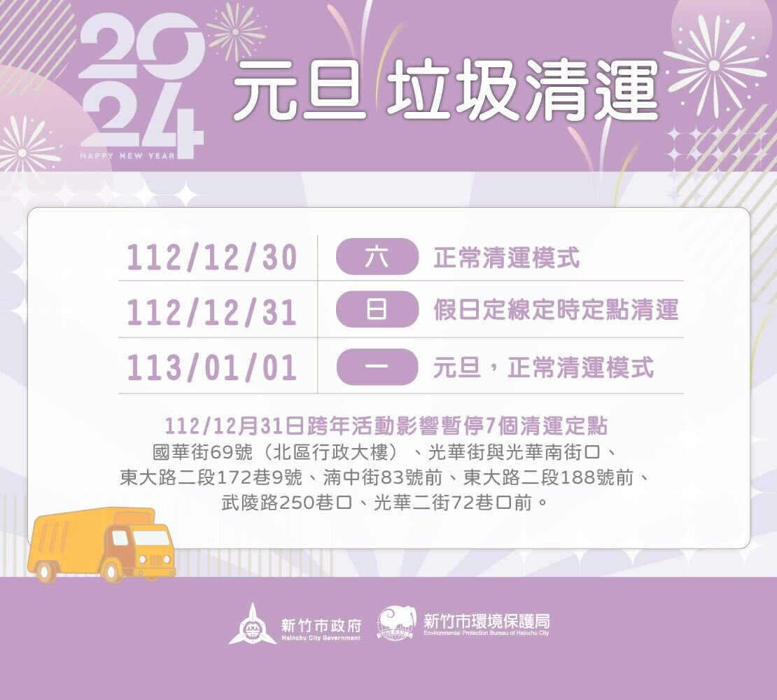 新竹市2024年元旦垃圾清運不打烊。圖/新竹市政府提供