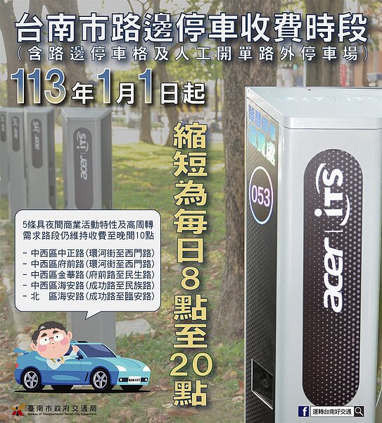 台南市停車收費管理新制上路,明年元月起,全市路邊停車格及人工開單路外停車場收費時段縮短2小時。圖/南市交通局提供