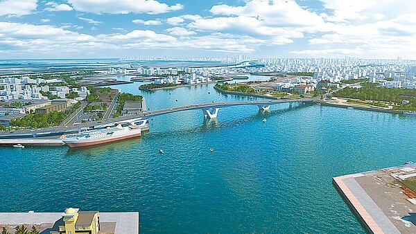 台南安平漁港跨港大橋，歷經11次招標，28日終於順利決標，預計明年上半年動工、2028年底完工。圖為完工模擬圖。（台南市政府工務局提供／曹婷婷台南傳真）