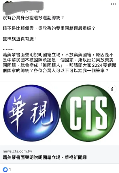 嘉義縣蔡姓男子經常在臉書發表政治言論,近日因貼出假訊息而遭檢警傳喚。記者黃于凡/翻攝